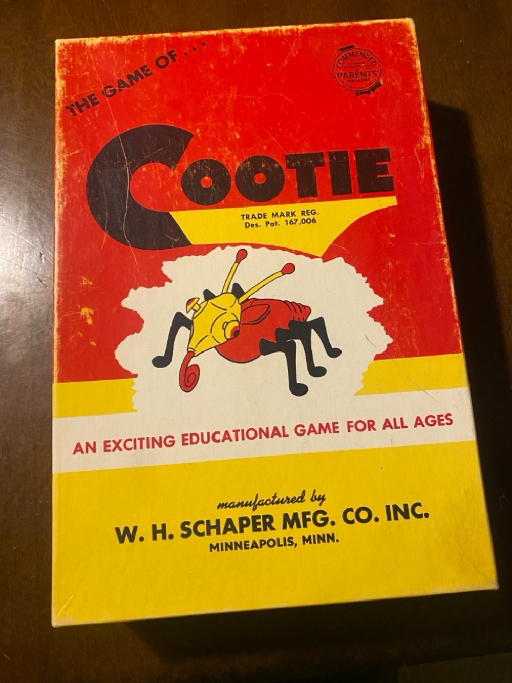 Vintage Cootie Board Game Box - Red & Yellow